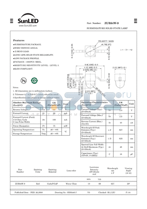 ZUR64W-9 datasheet - SUBMINIATURE SOLID STATE LAMP