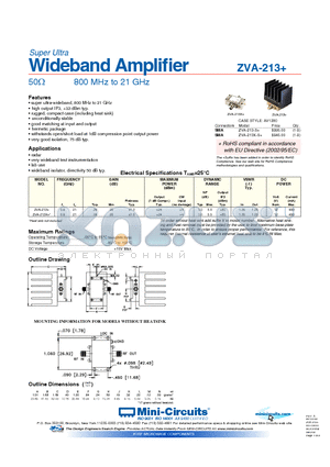 ZVA-213+ datasheet - Wideband Amplifier 50Y 800 MHz to 21 GHz