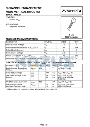 ZVN0117TA datasheet - N-CHANNEL ENHANCEMENT MODE VERTICAL DMOS FET