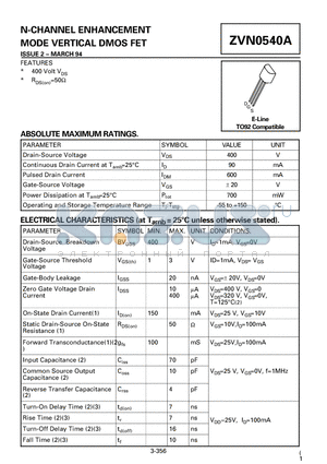 ZVN0540A datasheet - N-CHANNEL ENHANCEMENT MODE VERTICAL DMOS FET