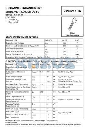 ZVN2110A datasheet - N-CHANNEL ENHANCEMENT MODE VERTICAL DMOS FET