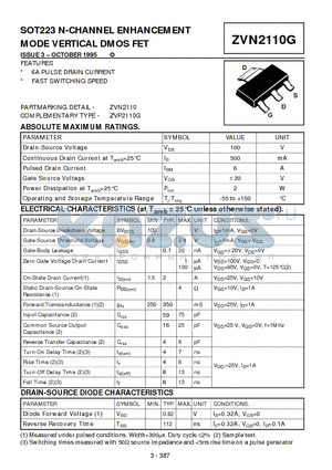 ZVN2110G datasheet - SOT223 N-CHANNEL ENHANCEMENT MODE VERTICAL DMOS FET
