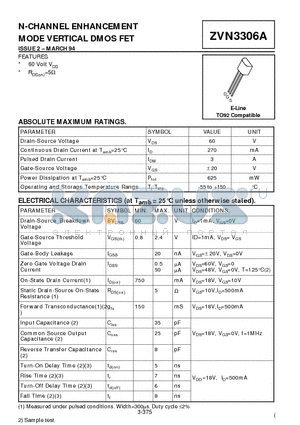 ZVN3306A datasheet - N-CHANNEL ENHANCEMENT MODE VERTICAL DMOS FET