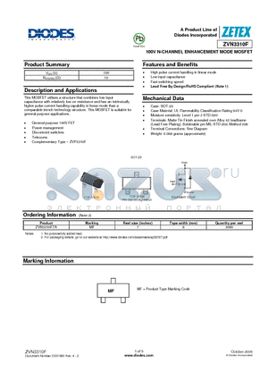 ZVN3310FTA datasheet - 100V N-CHANNEL ENHANCEMENT MODE MOSFET