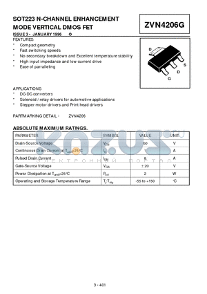 ZVN4206G datasheet - SOT223 N-CHANNEL ENHANCEMENT MODE VERTICAL DMOS FET