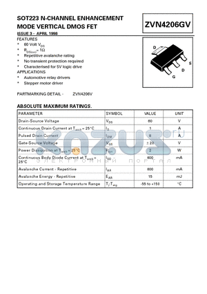 ZVN4206GV datasheet - SOT223 N-CHANNEL ENHANCEMENT MODE VERTICAL DMOS FET