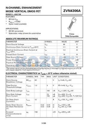 ZVN4306A datasheet - N-CHANNEL ENHANCEMENT MODE VERTICAL DMOS FET