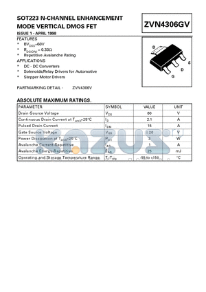 ZVN4306GV datasheet - SOT223 N-CHANNEL ENHANCEMENT MODE VERTICAL DMOS FET