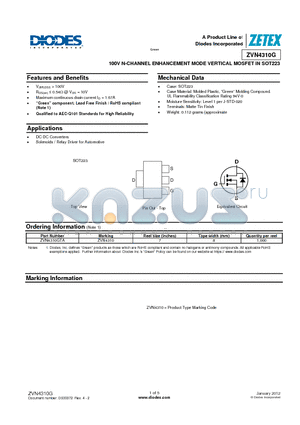 ZVN4310GTA datasheet - 100V N-CHANNEL ENHANCEMENT MODE VERTICAL MOSFET IN SOT223