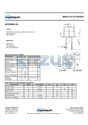 MT3700W-UV datasheet - Metal Can UV Emitterr