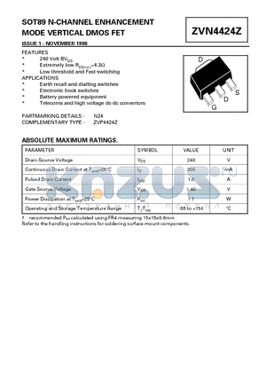 ZVN4424Z datasheet - N-CHANNEL ENHANCEMENT MODE VERTICAL DMOS FET