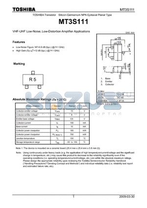 MT3S111 datasheet - VHF-UHF Low-Noise, Low-Distortion Amplifier Applications