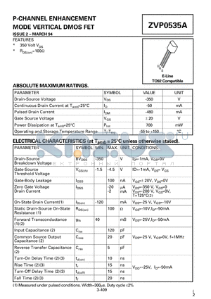 ZVP0535A datasheet - P-CHANNEL ENHANCEMENT MODE VERTICAL DMOS FET