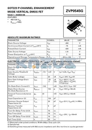 ZVP0545G datasheet - SOT223 P-CHANNEL ENHANCEMENT MODE VERTICAL DMOS FET