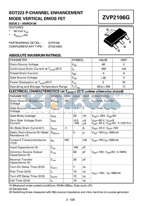 ZVP2106G datasheet - SOT223 P-CHANNEL ENHANCEMENT MODE VERTICAL DMOS FET