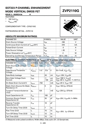 ZVP2110 datasheet - P-CHANNEL ENHANCEMENT MODE VERTICAL DMOS FET