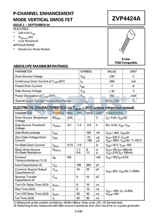 ZVP4424A datasheet - P-CHANNEL ENHANCEMENT MODE VERTICAL DMOS FET