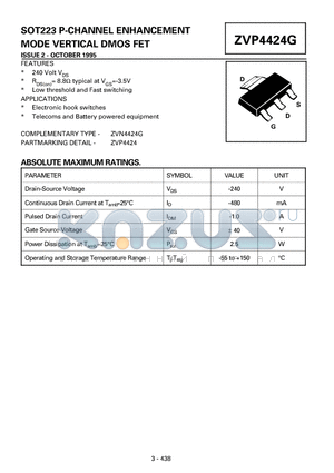 ZVP4424G datasheet - SOT223 P-CHANNEL ENHANCEMENT MODE VERTICAL DMOS FET