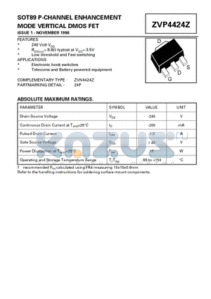 ZVP4424Z datasheet - SOT89 P-CHANNEL ENHANCEMENT MODE VERTICAL DMOS FET