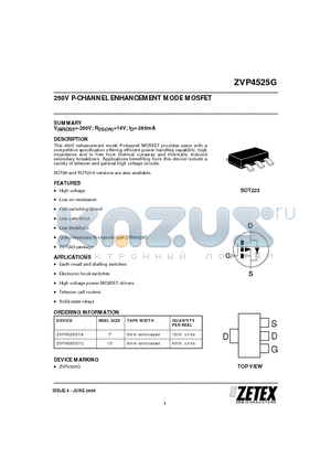 ZVP4525G datasheet - 250V P-CHANNEL ENHANCEMENT MODE MOSFET