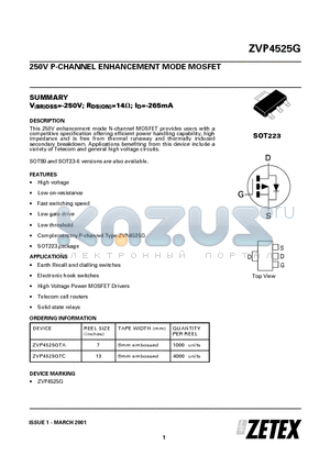 ZVP4525GTA datasheet - 250V P-CHANNEL ENHANCEMENT MODE MOSFET