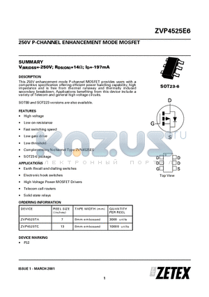 ZVP4525E6 datasheet - 250V P-CHANNEL ENHANCEMENT MODE MOSFET