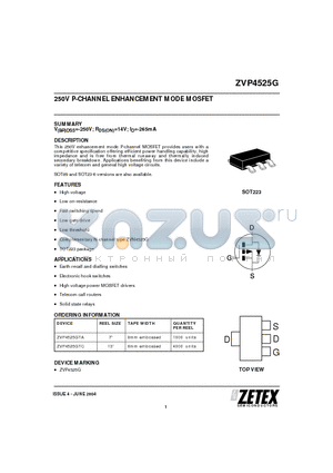 ZVP4525GTC datasheet - 250V P-CHANNEL ENHANCEMENT MODE MOSFET