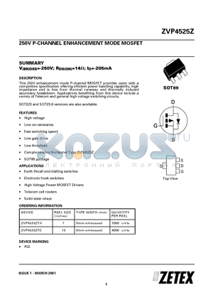 ZVP4525ZTA datasheet - 250V P-CHANNEL ENHANCEMENT MODE MOSFET