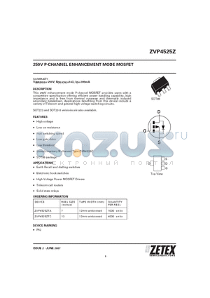 ZVP4525ZTA datasheet - 250V P-CHANNEL ENHANCEMENT MODE MOSFET