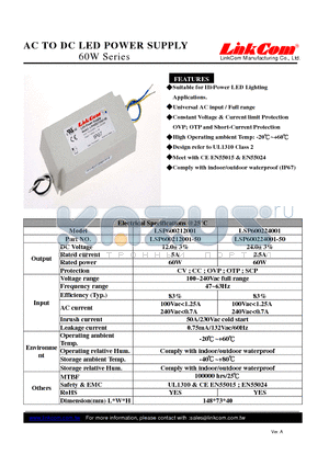 LSP600224001-50 datasheet - AC TO DC LED POWER SUPPLY