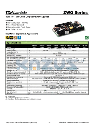 ZWQ130-5222 datasheet - 80W to 170W Quad Output Power Supplies