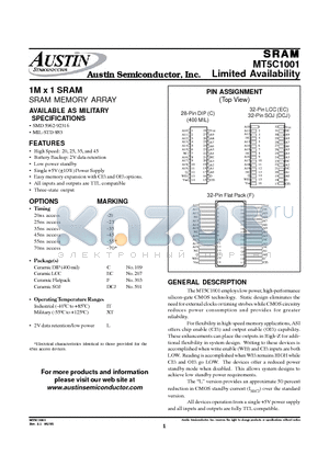 MT5C1001EC-70L/XT datasheet - 1M x 1 SRAM SRAM MEMORY ARRAY