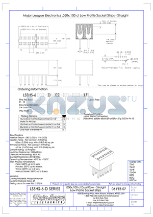 LSSHS-6-D datasheet - .050*.100 cl Dual Row - Straight Low Profile Socket Strips