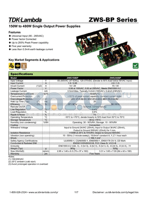 ZWS240BP24 datasheet - 150W to 480W Single Output Power Supplies