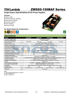 ZWS50-150BAF datasheet - Single Output, High Reliability AC-DC Power Supplies