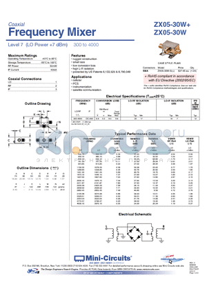 ZX05-30W+ datasheet - Frequency Mixer Level 7 (LO Power 7 dBm) 300 to 4000