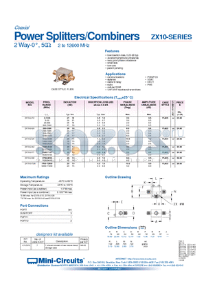 ZX10-2-126 datasheet - Power Splitters/Combiners 2 Way-0`, 50 2 to 12600 MHz