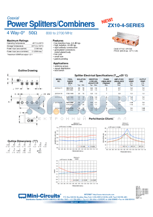 ZX10-4-24 datasheet - Power Splitters/Combiners 4 Way-0` 50 800 to 2700 MHz