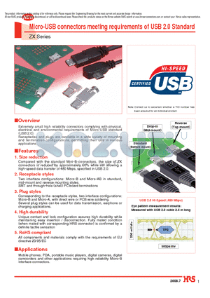 ZX40-A-5S datasheet - Micro-USB connectors meeting requirements of USB 2.0 Standard