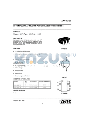 ZX5T2E6 datasheet - 20V PNP LOW SAT MEDIUM POWER TRANSISTOR IN SOT23-6