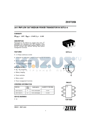 ZX5T2E6TC datasheet - 20V PNP LOW SAT MEDIUM POWER TRANSISTOR IN SOT23-6