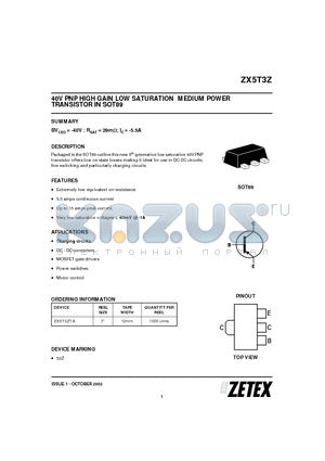 ZX5T3Z datasheet - 40V PNP HIGH GAIN LOW SATURATION MEDIUM POWER TRANSISTOR IN SOT89