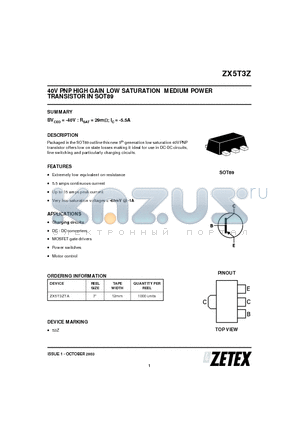 ZX5T3Z datasheet - 40V PNP HIGH GAIN LOW SATURATION MEDIUM POWER