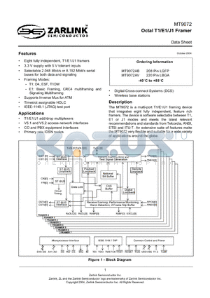 MT9072AV datasheet - Octal T1/E1/J1 Framer