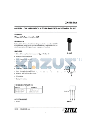 ZX5T851A datasheet - 60V NPN LOW SATURATION MEDIUM POWER TRANSISTOR IN E-LINE