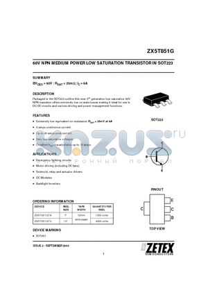 ZX5T851GTA datasheet - 60V NPN MEDIUM POWER LOW SATURATION TRANSISTOR IN SOT223