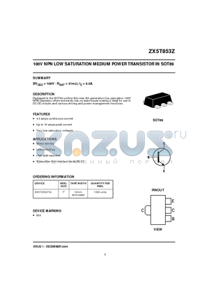 ZX5T853Z datasheet - 100V NPN LOW SATURATION MEDIUM POWER TRANSISTOR IN SOT89