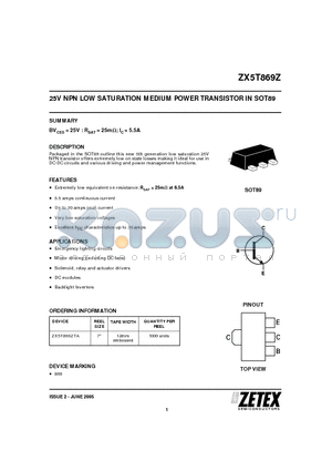 ZX5T869ZTA datasheet - 25V NPN LOW SATURATION MEDIUM POWER TRANSISTOR IN SOT89