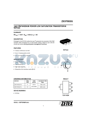 ZX5T953G datasheet - 100V PNP MEDIUM POWER LOW SATURATION TRANSISTOR IN SOT223