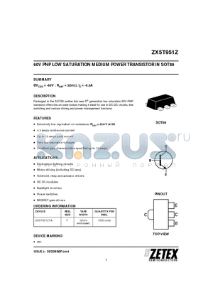 ZX5T951ZTA datasheet - 60V PNP LOW SATURATION MEDIUM POWER TRANSISTOR IN SOT89